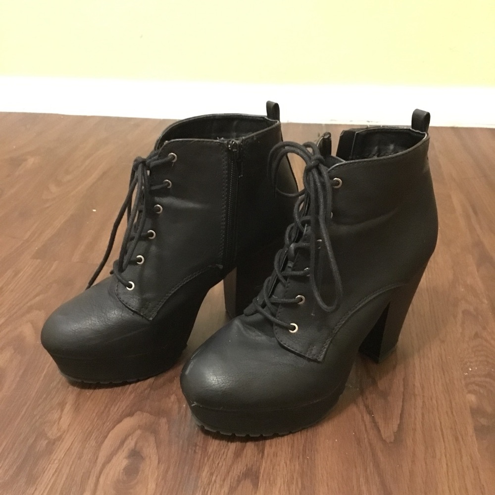 Black Lace Up Leather Platform Booties